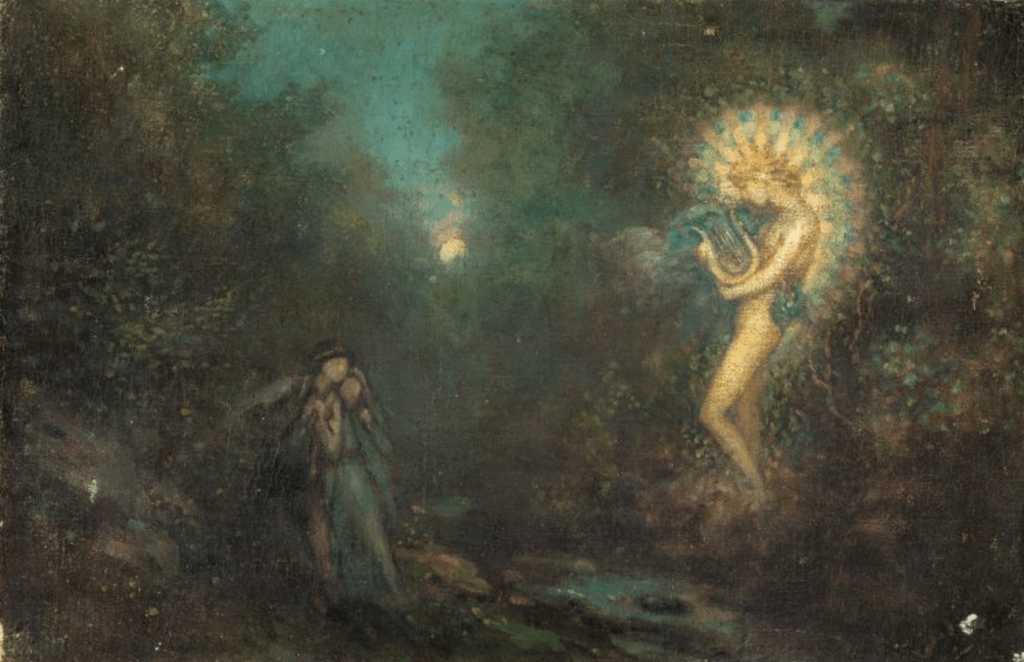 George W Russell (Æ) -A Landscape with a Couple, and a Spirit with a Lute - WikiMedia Commons