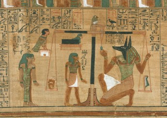 El pesaje del corazón — Libro de los Muertos. Imagen de la purificación del alma y del equilibrio cósmico.